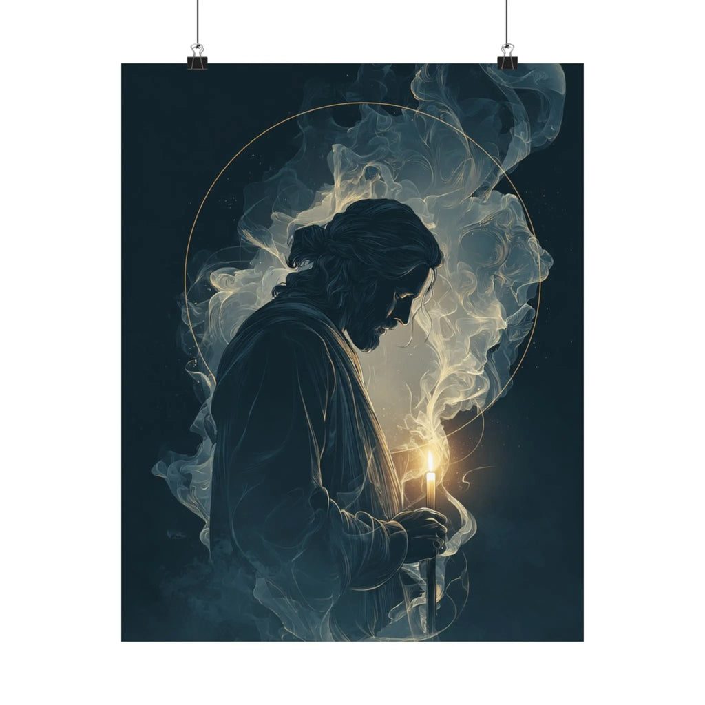 Jesus with Candle Satin Poster — Spiritual Religious Wall Art Printify