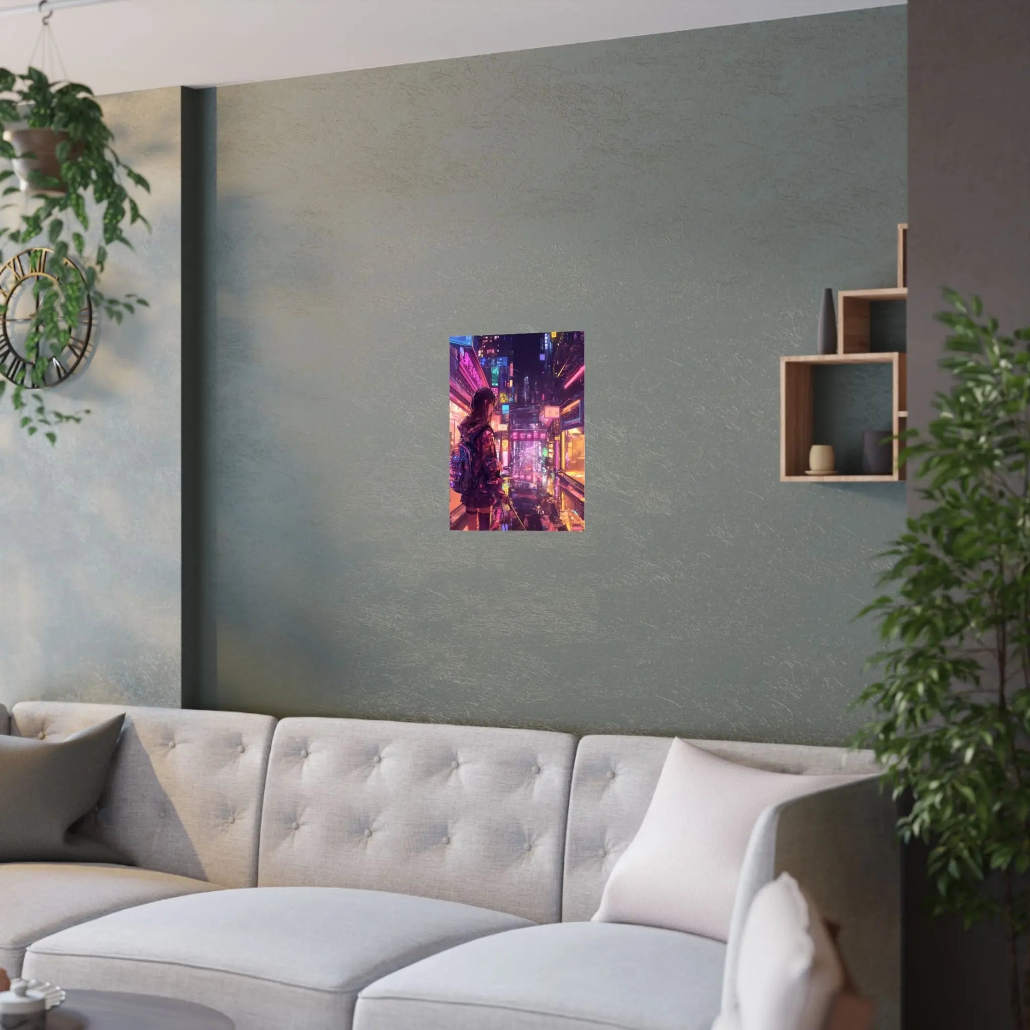Satin Poster — Neon Cyber City Girl (210gsm) Printify