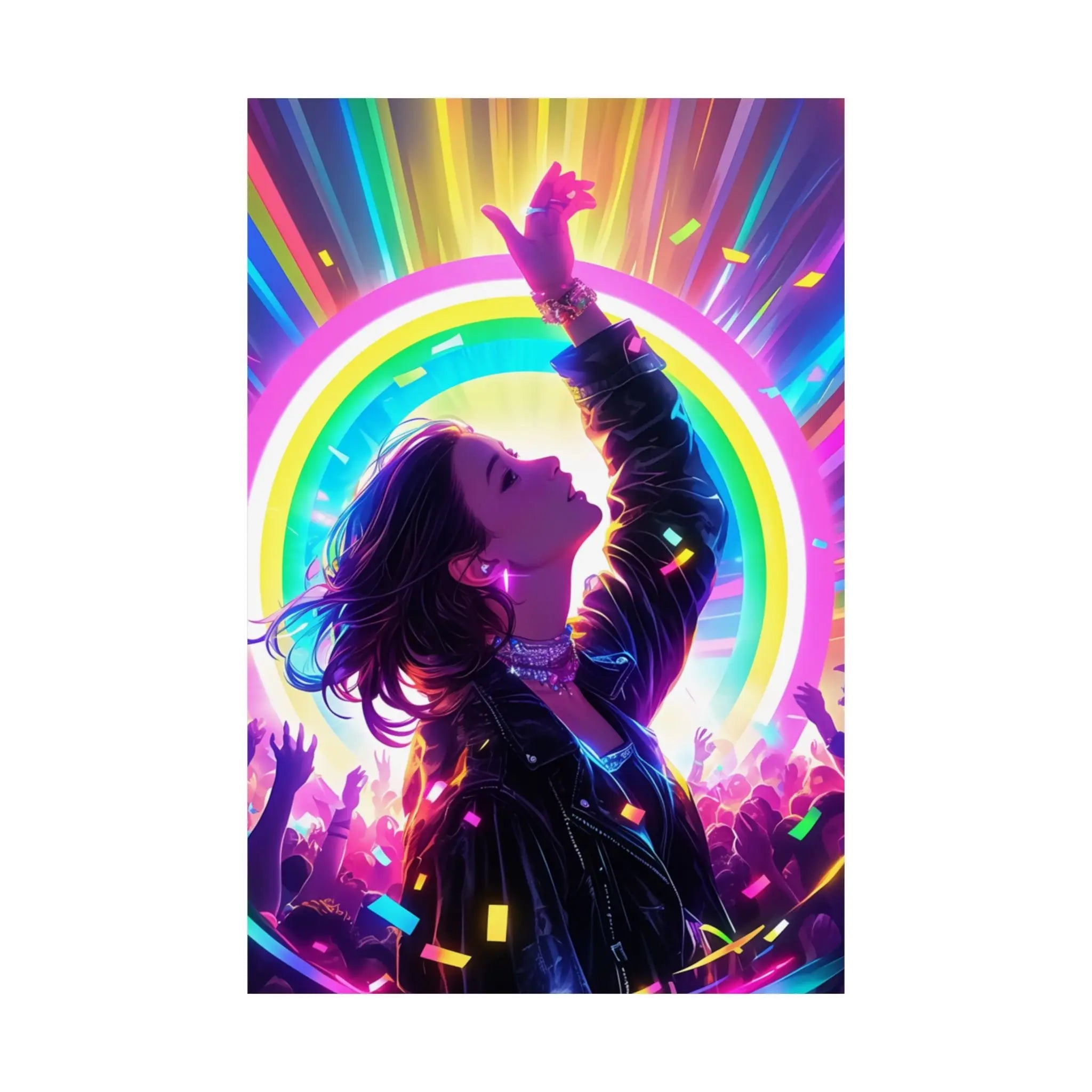 Satin Poster — Neon Concert Girl Rainbow Art Print Printify