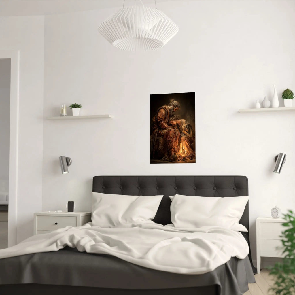 Satin Poster — Tender Candlelit Embrace Vintage Biblical Art Print Printify