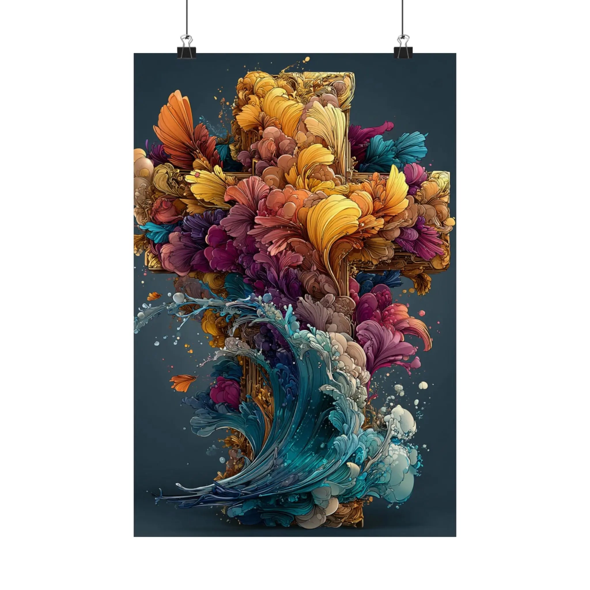 Abstract Floral Cross Satin Poster — Colorful Surreal Wall Art Print Printify