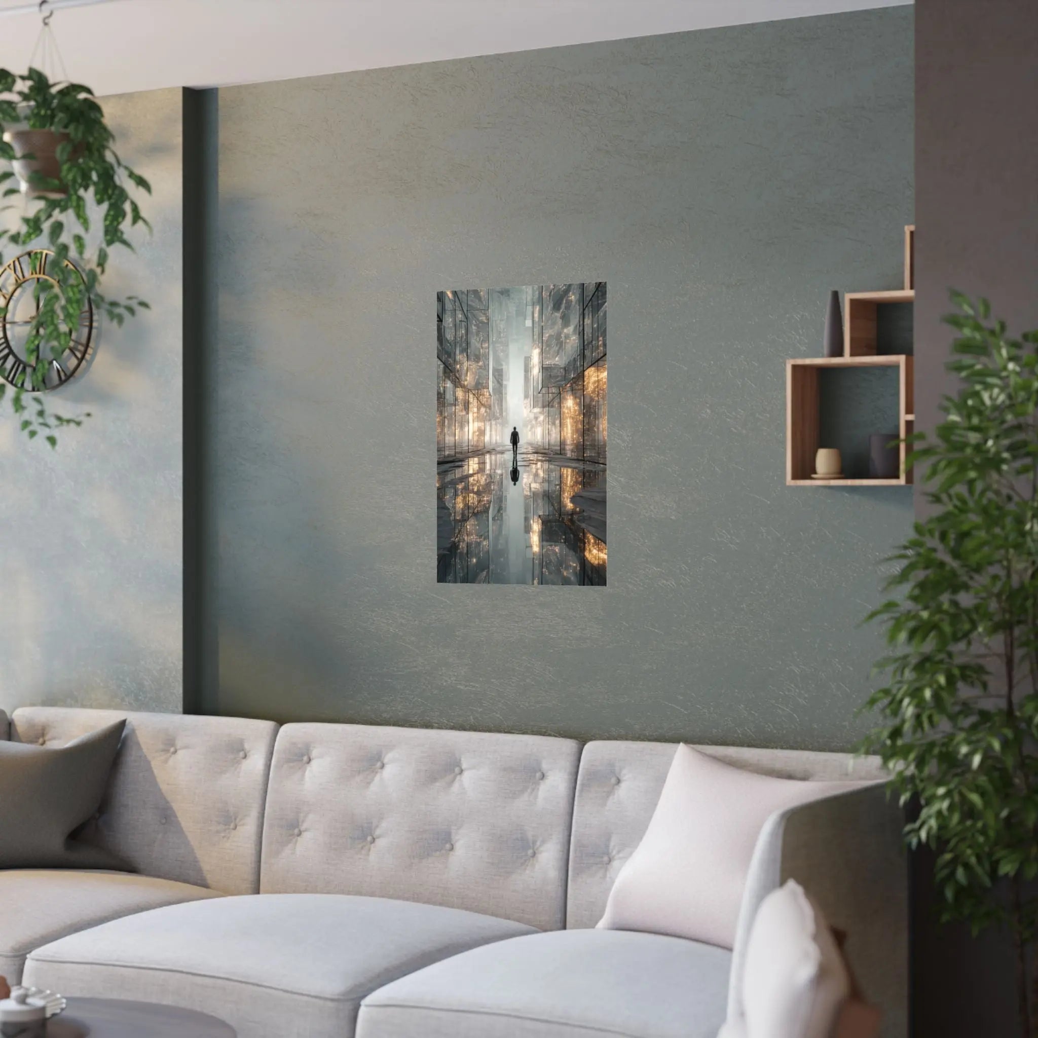 Futuristic Cityscape Satin Poster — Reflective Urban Night Art Print Printify