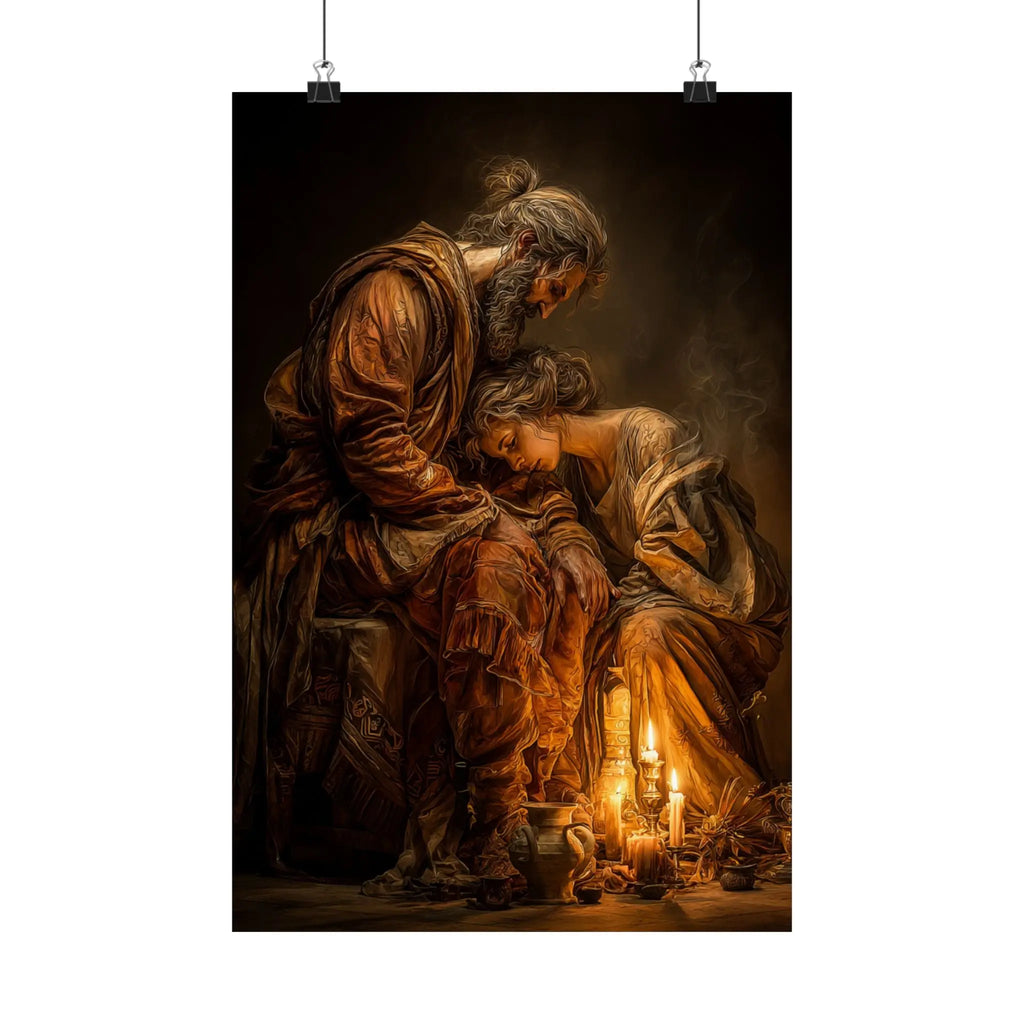 Satin Poster — Tender Candlelit Embrace Vintage Biblical Art Print Printify