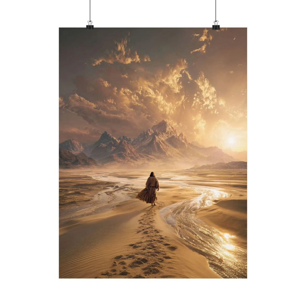Jesus in The Dessert Satin Poster — Epic Sunset Landscape Wall Art (210gsm) Printify