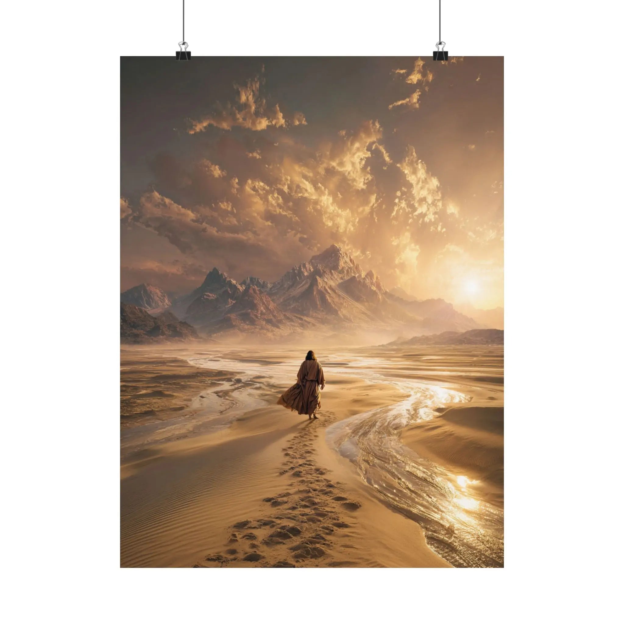 Jesus in The Dessert Satin Poster — Epic Sunset Landscape Wall Art (210gsm) Printify