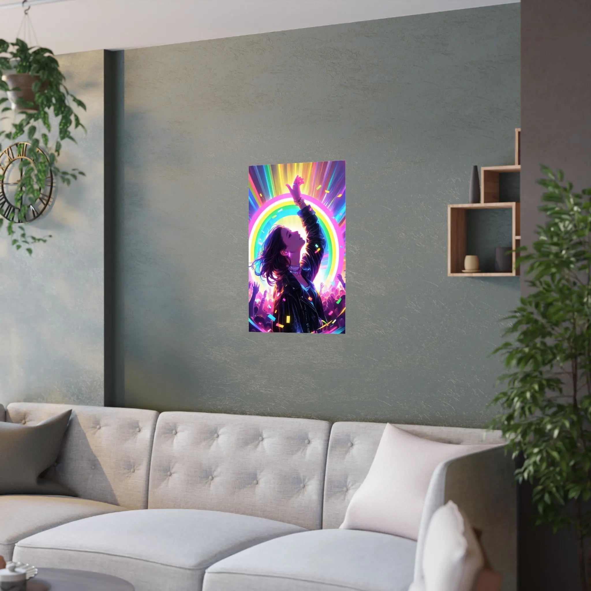 Satin Poster — Neon Concert Girl Rainbow Art Print Printify