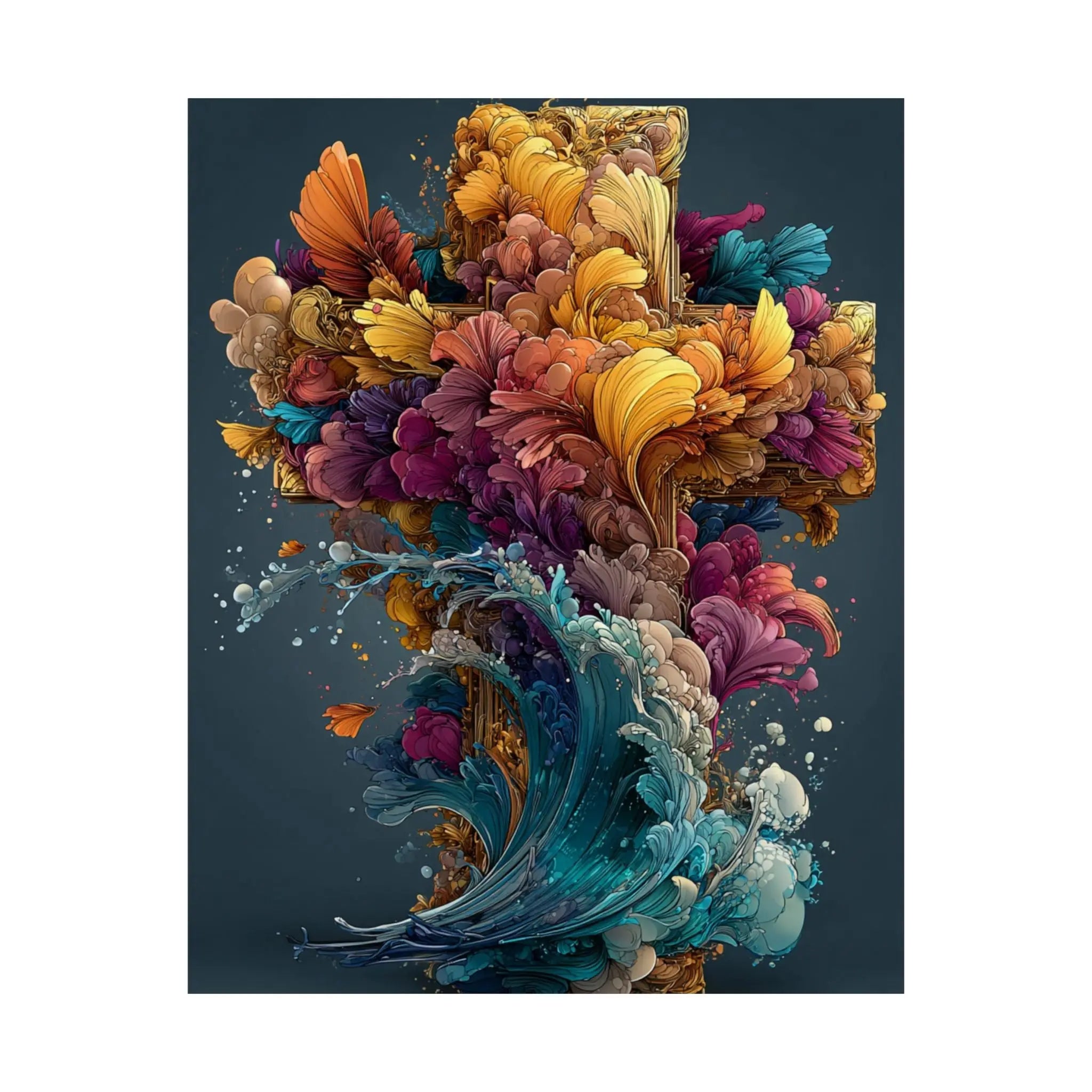 Abstract Floral Cross Satin Poster — Colorful Surreal Wall Art Print Printify