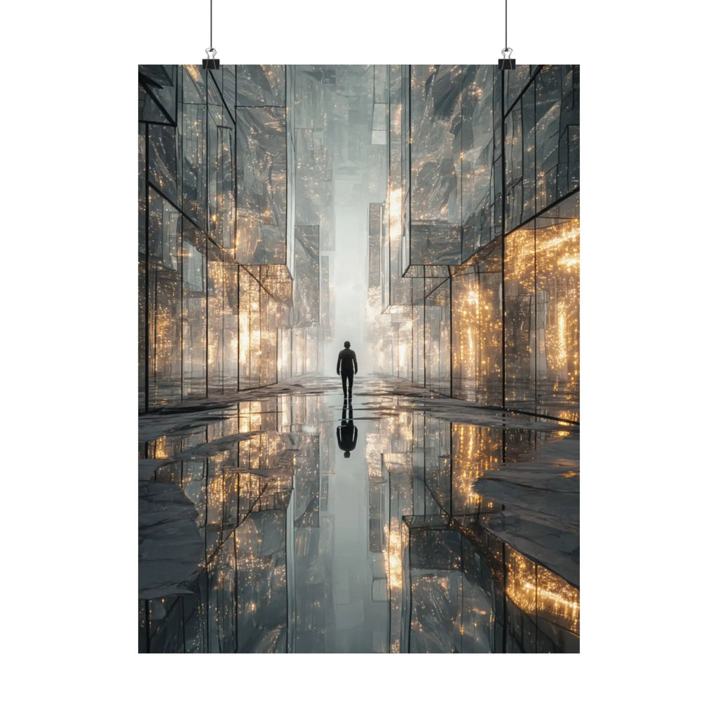 Futuristic Cityscape Satin Poster — Reflective Urban Night Art Print Printify
