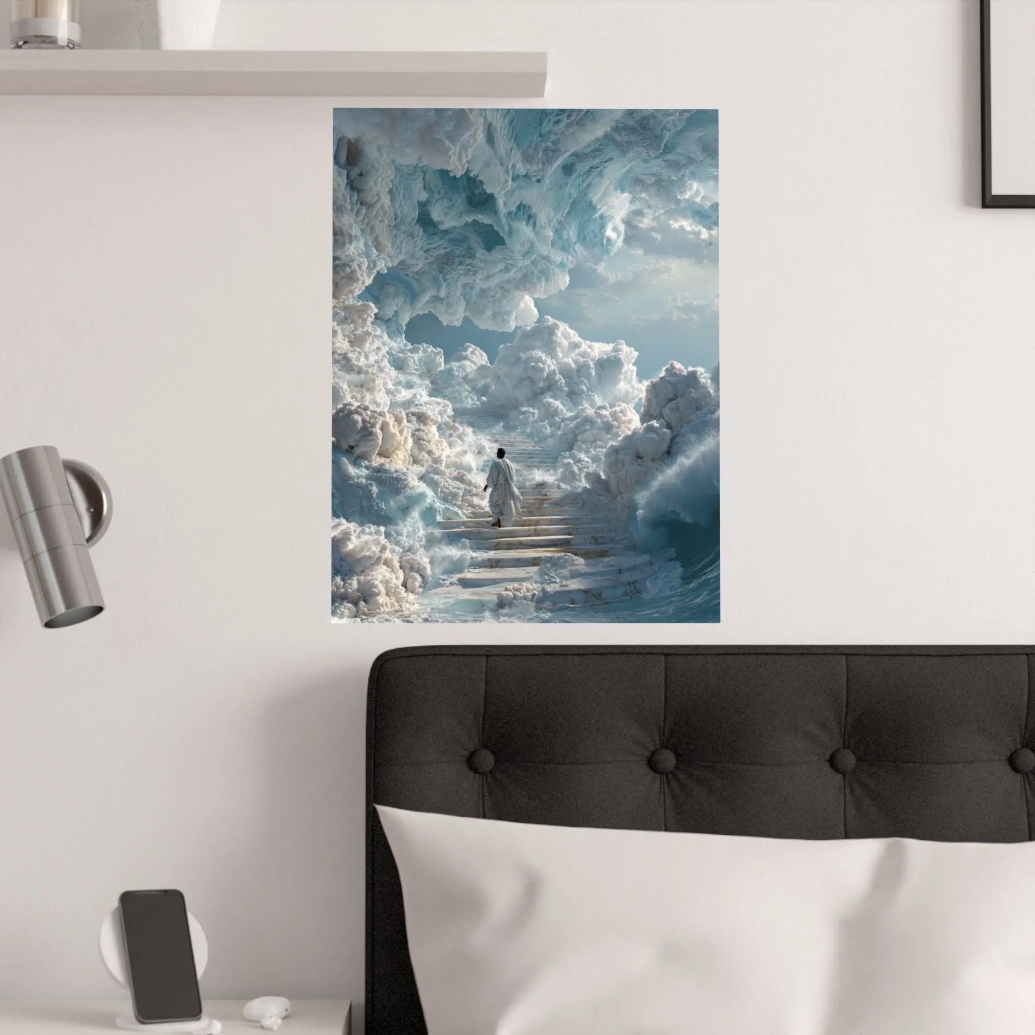 Heavenly Stairway Satin Poster — Ethereal Cloudscape Wall Art Printify
