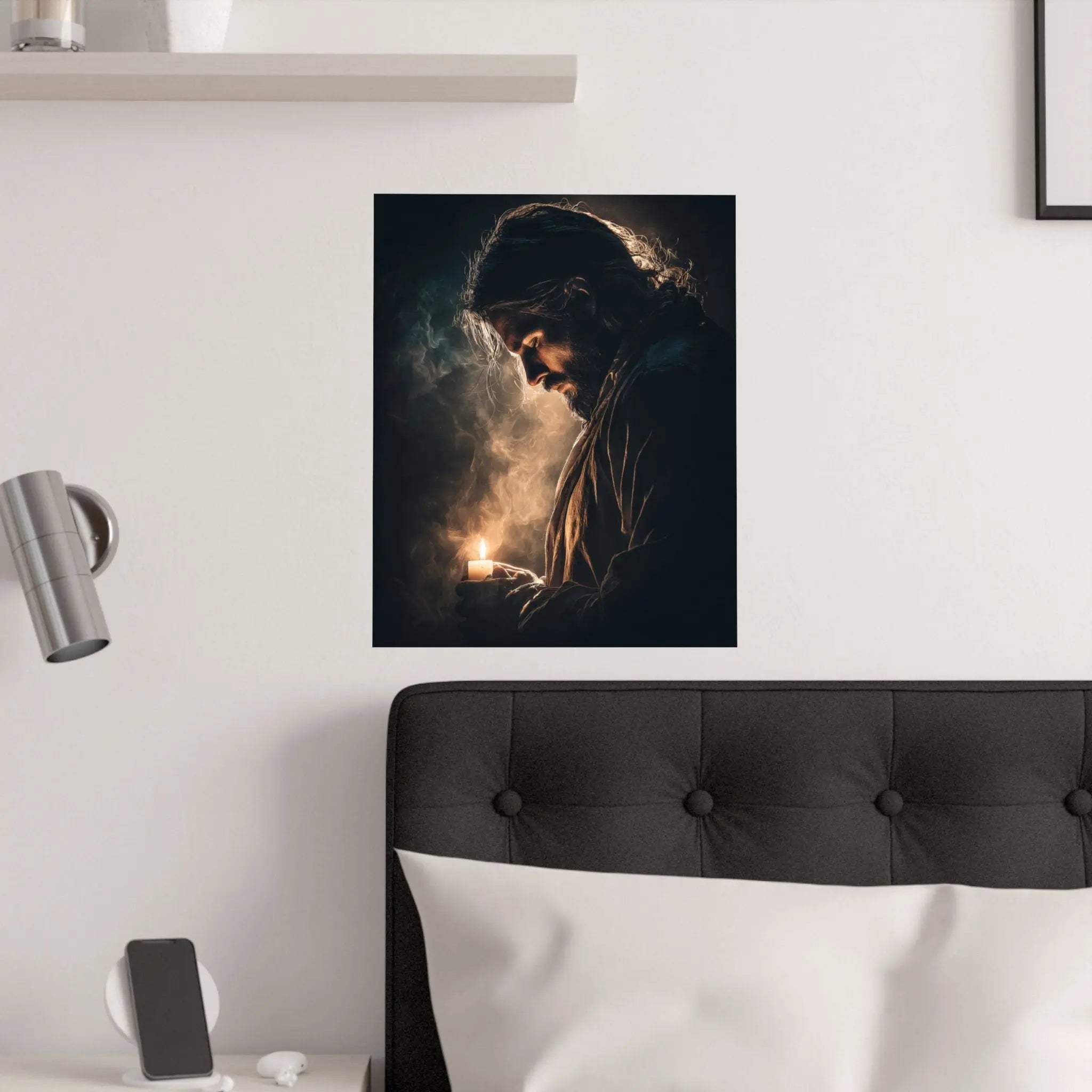 Religious Satin Poster — Jesus Holding Candle Wall Art Printify