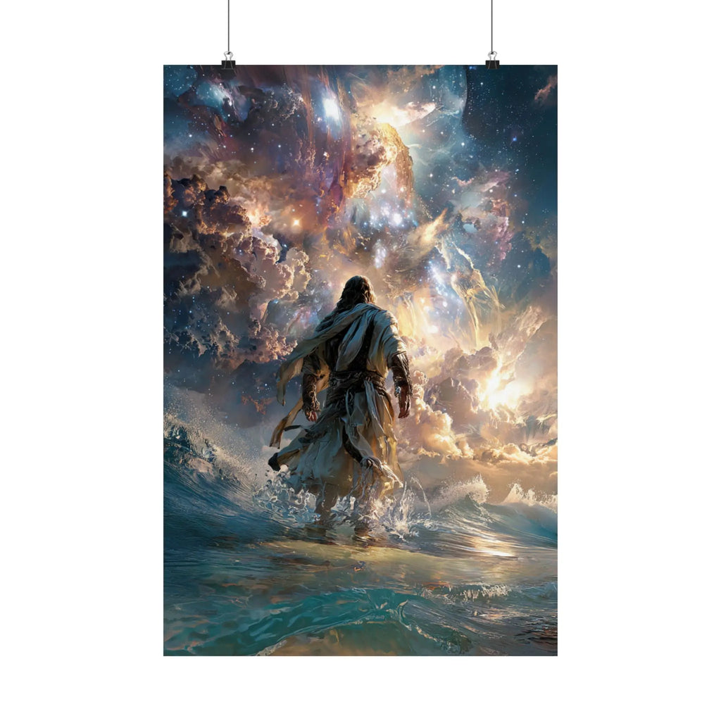 Religious Satin Poster — 'Walking on Water' Inspirational Wall Art Printify