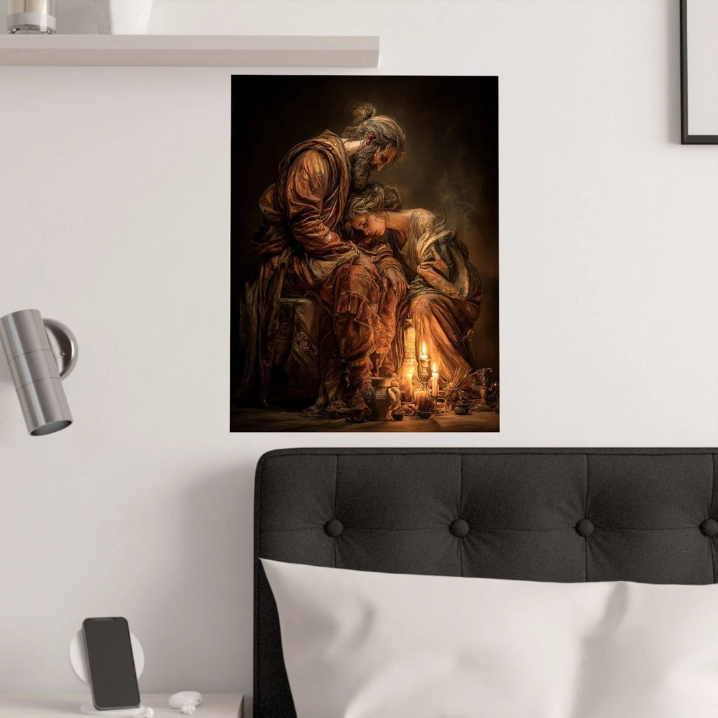 Satin Poster — Tender Candlelit Embrace Vintage Biblical Art Print Printify