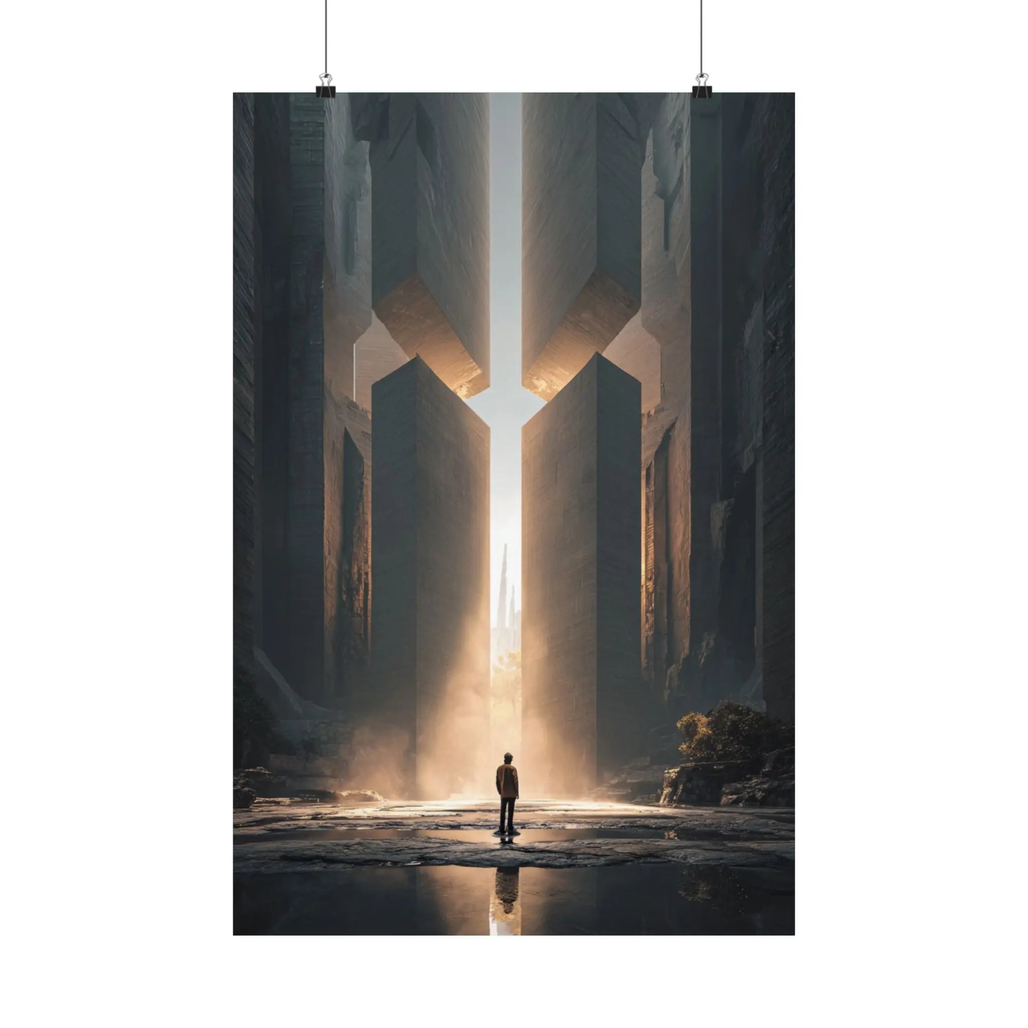 Satin Poster — Solitary Figure at Golden Gateway (Large Art Print) Printify