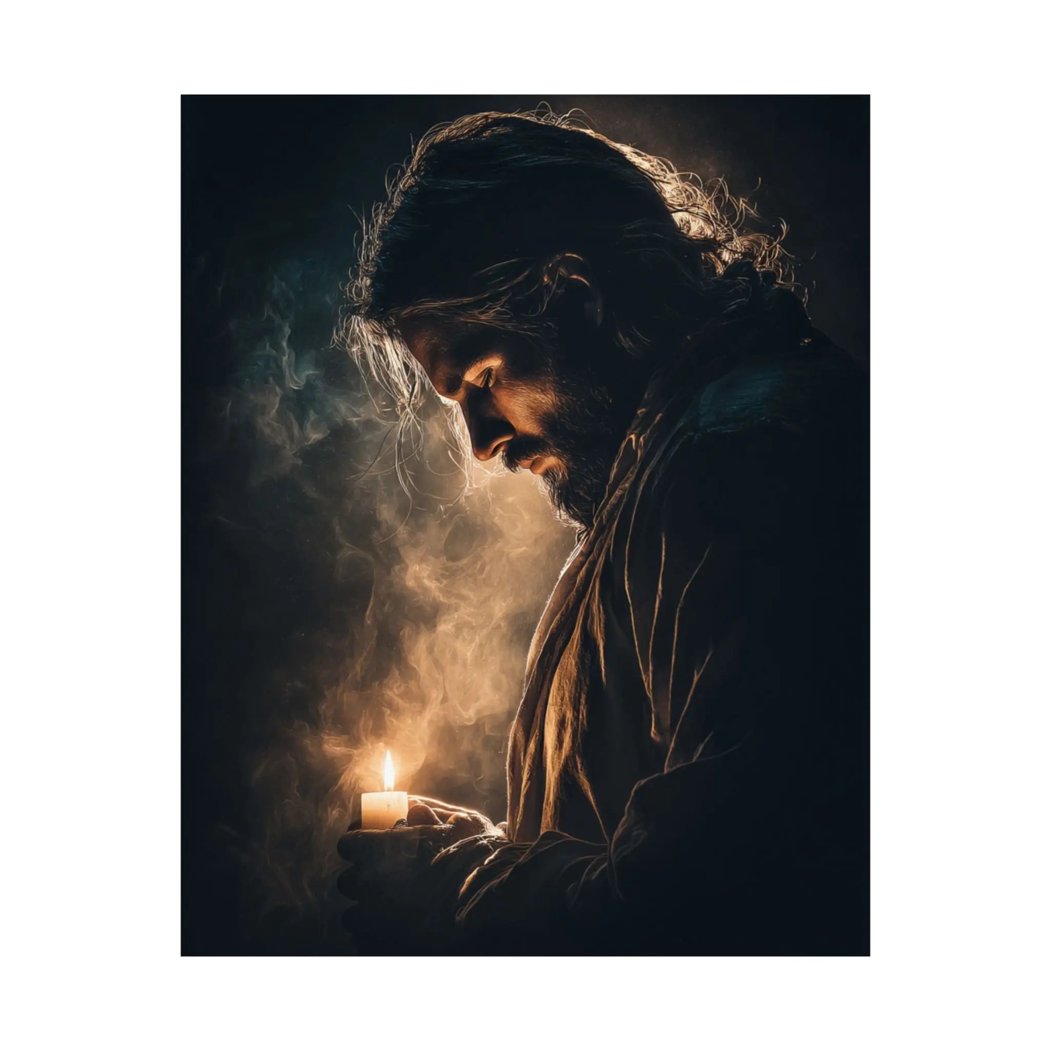 Religious Satin Poster — Jesus Holding Candle Wall Art Printify