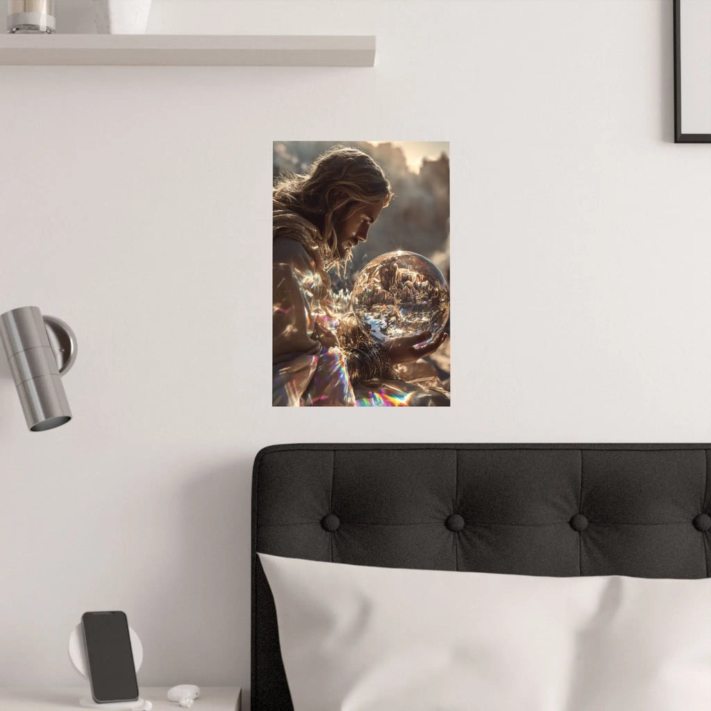 Satin Poster — Mystic Jesus Holding Crystal Orb Art Print Printify