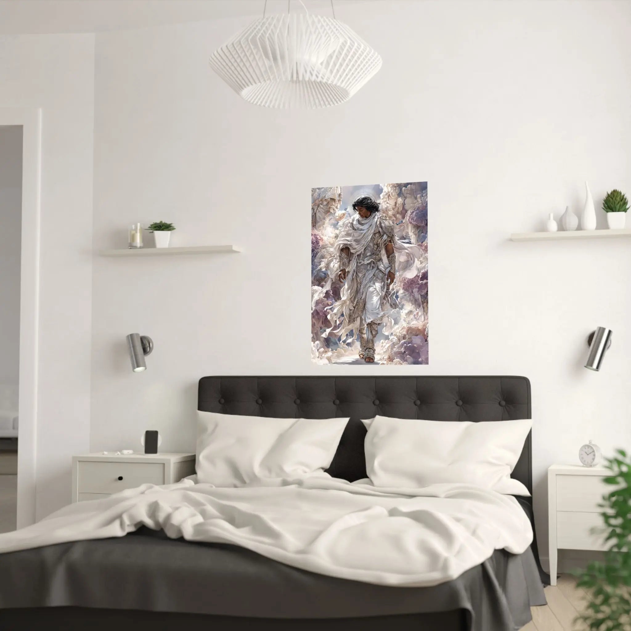 Angelic Figure Satin Poster — Ethereal Cloudscape Wall Art (210gsm) Printify