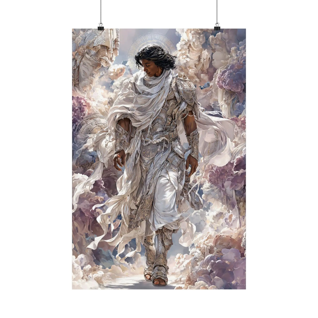 Angelic Figure Satin Poster — Ethereal Cloudscape Wall Art (210gsm) Printify