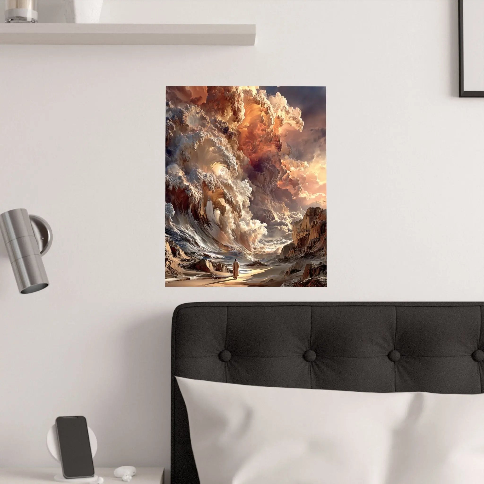 Epic Fantasy Cloudscape Satin Poster — Lone Wanderer in Fiery Sky (210gsm) Printify