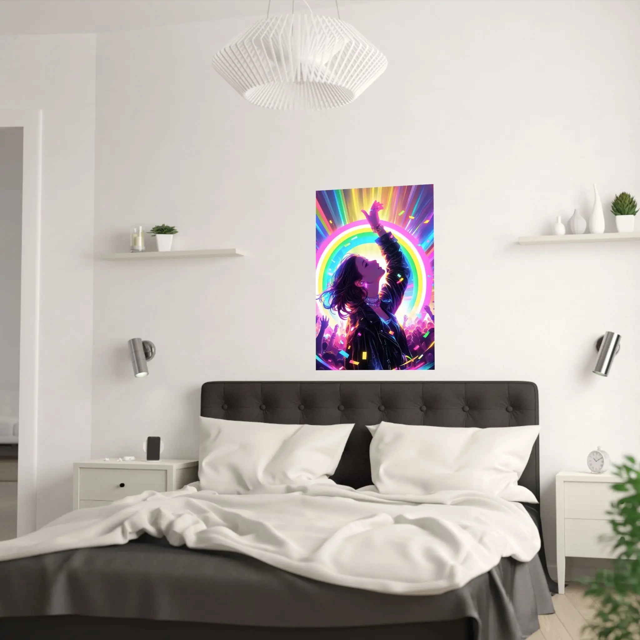 Satin Poster — Neon Concert Girl Rainbow Art Print Printify