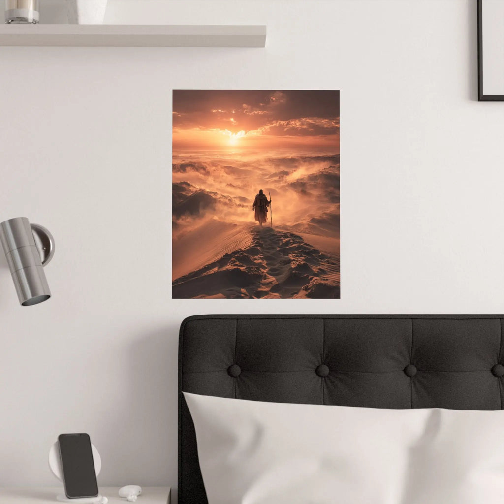 Desert Wanderer Satin Poster — Dramatic Sunset Silhouette Wall Art Printify