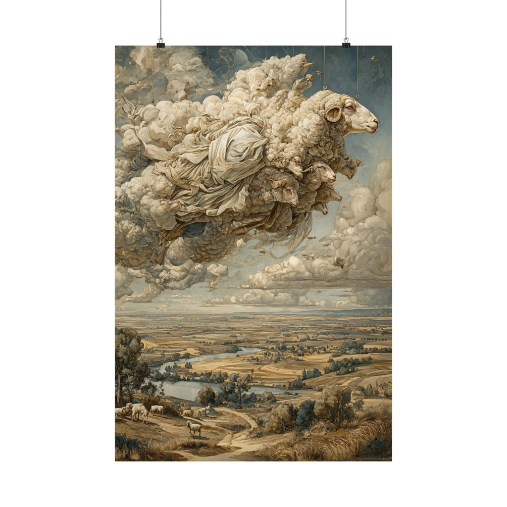 Surreal Cloud Sheep Satin Poster — Dreamscape Landscape Art Print Printify