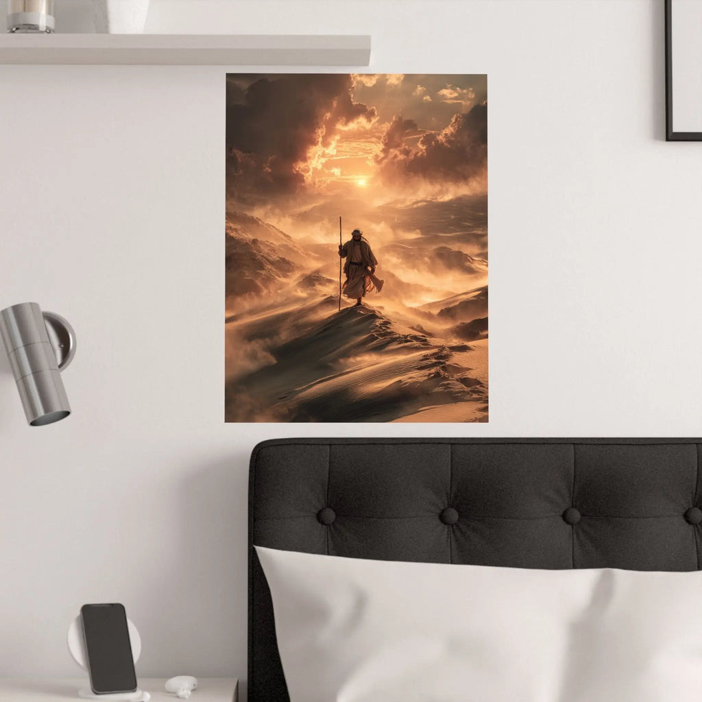 Satin Poster — Jesus on Fiery Dunes Sunset Wall Art Printify