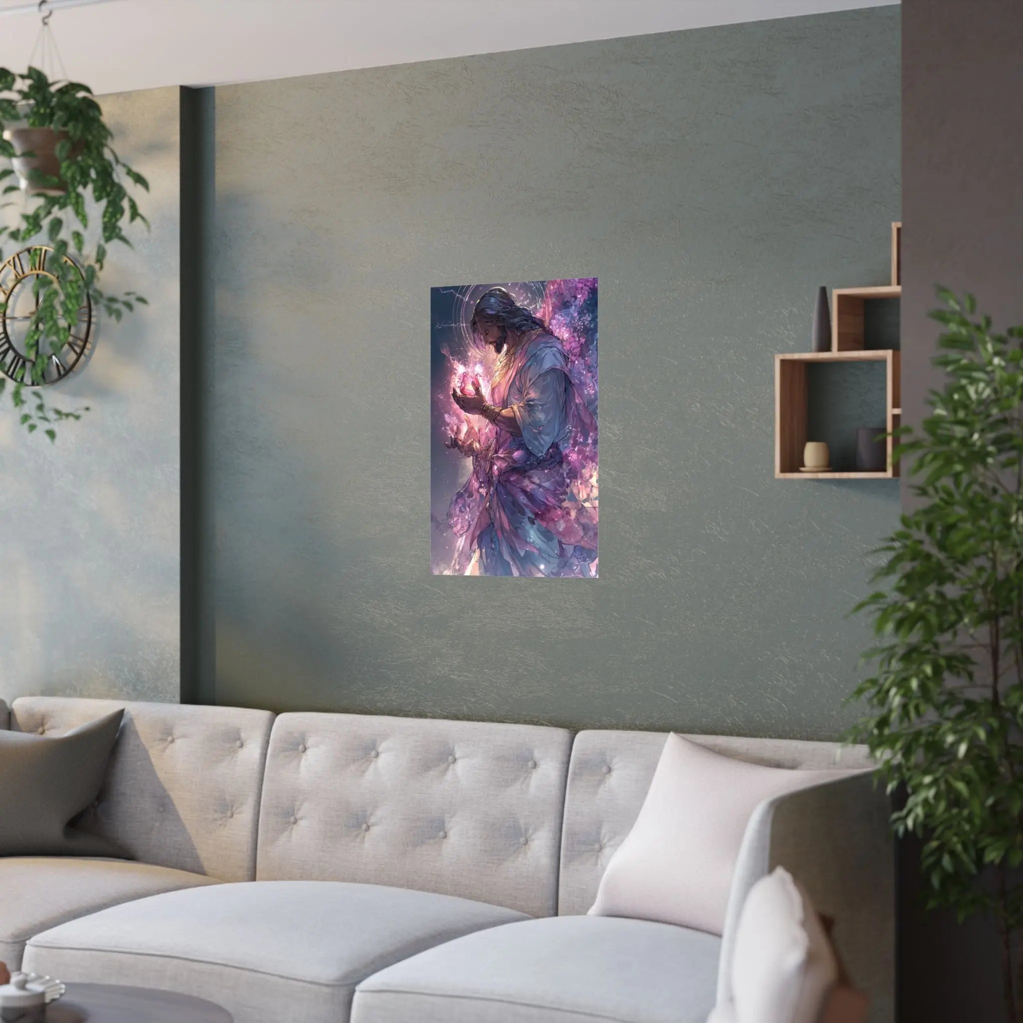 Satin Poster — Radiant Christ Holding Heart Illustration (210gsm) Printify