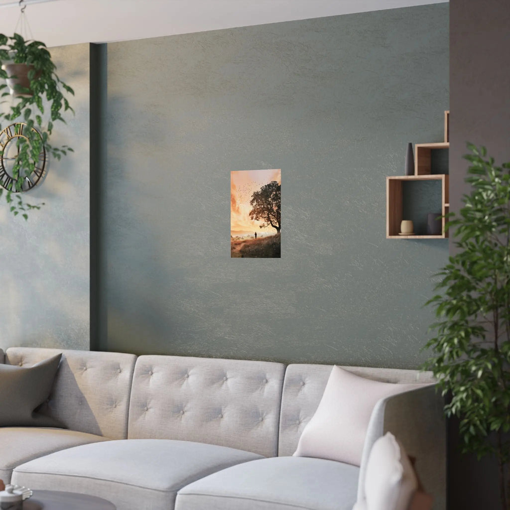 Sunset Solitude Satin Poster — Golden Sunset Tree Landscape Wall Art Printify