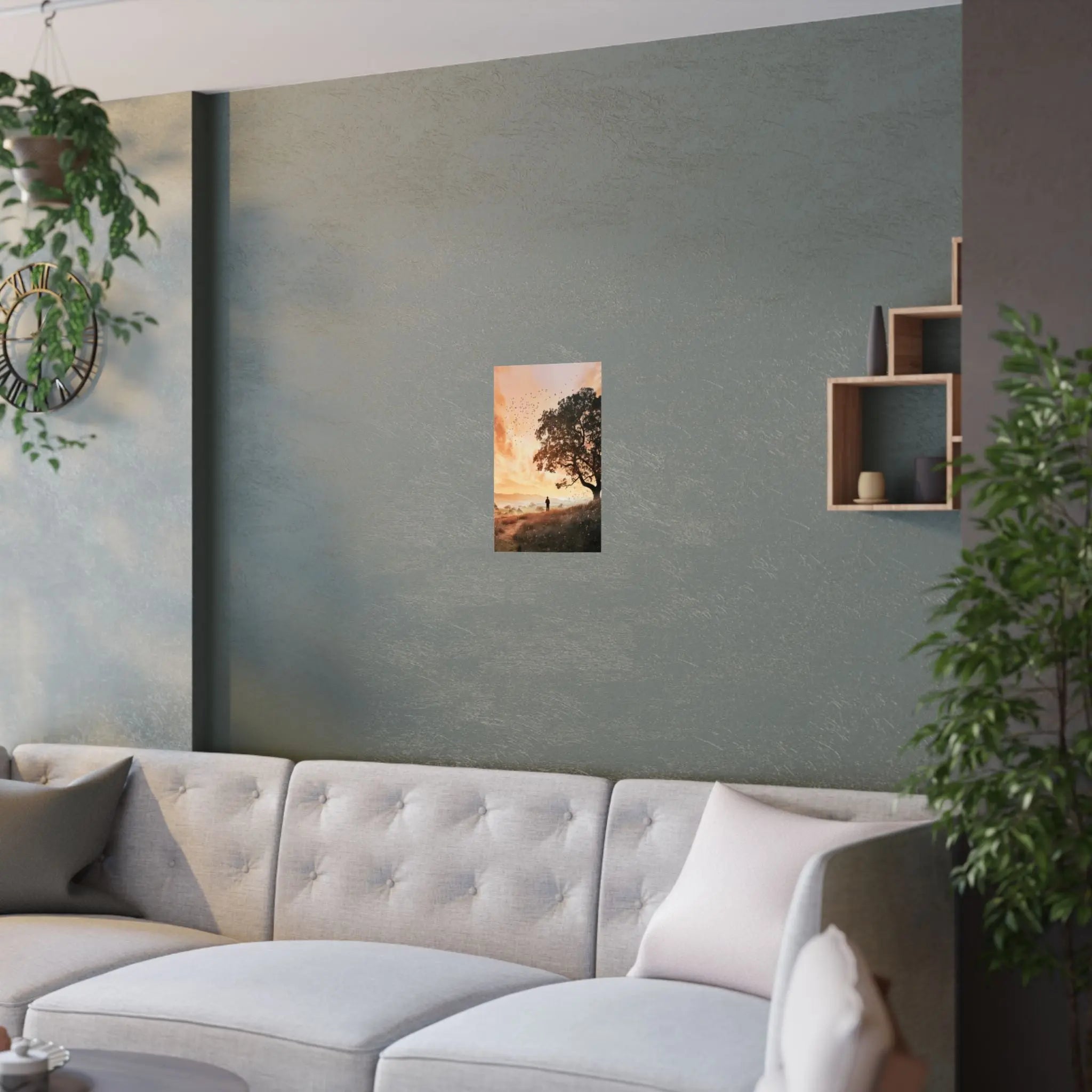Sunset Solitude Satin Poster — Golden Sunset Tree Landscape Wall Art Printify
