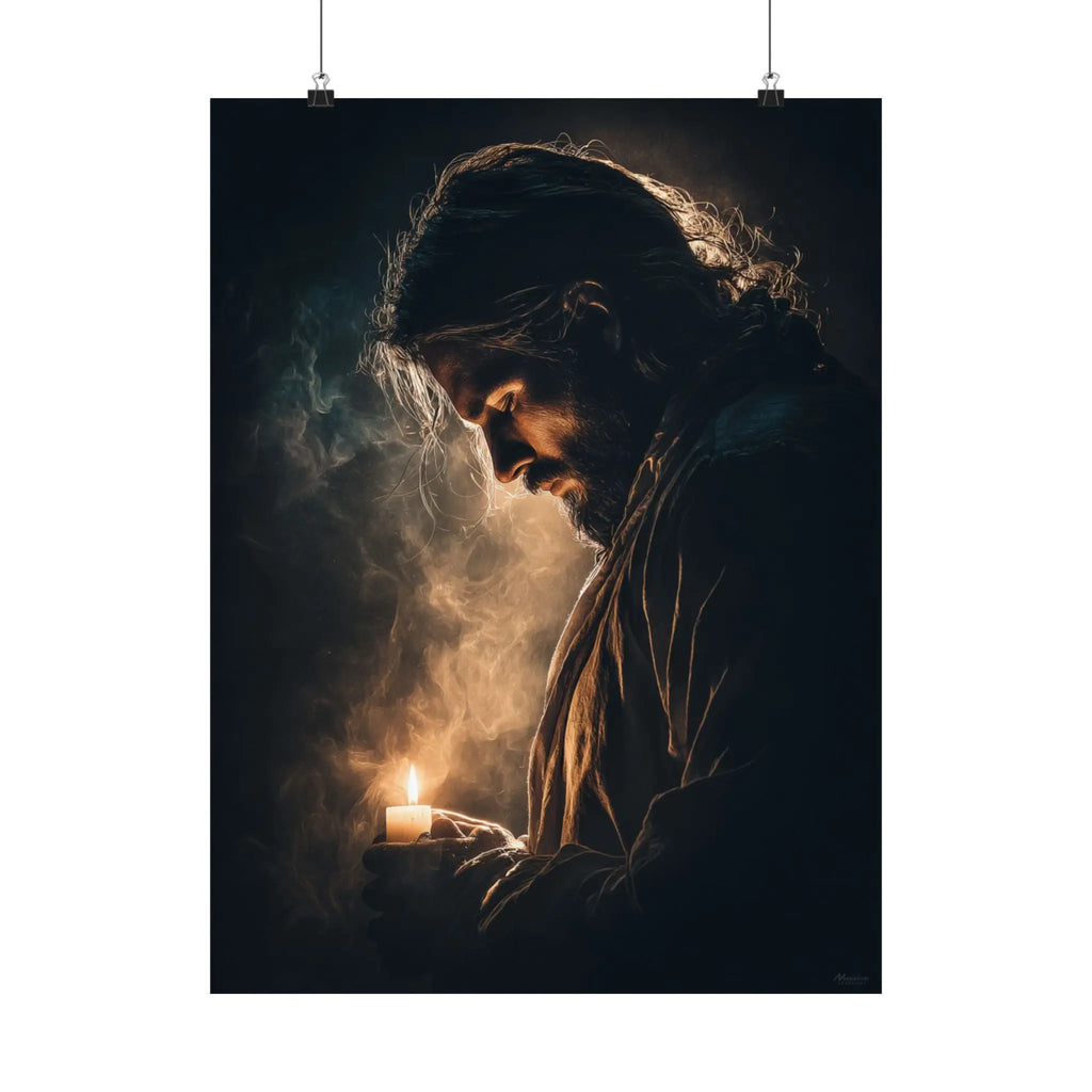 Religious Satin Poster — Jesus Holding Candle Wall Art Printify