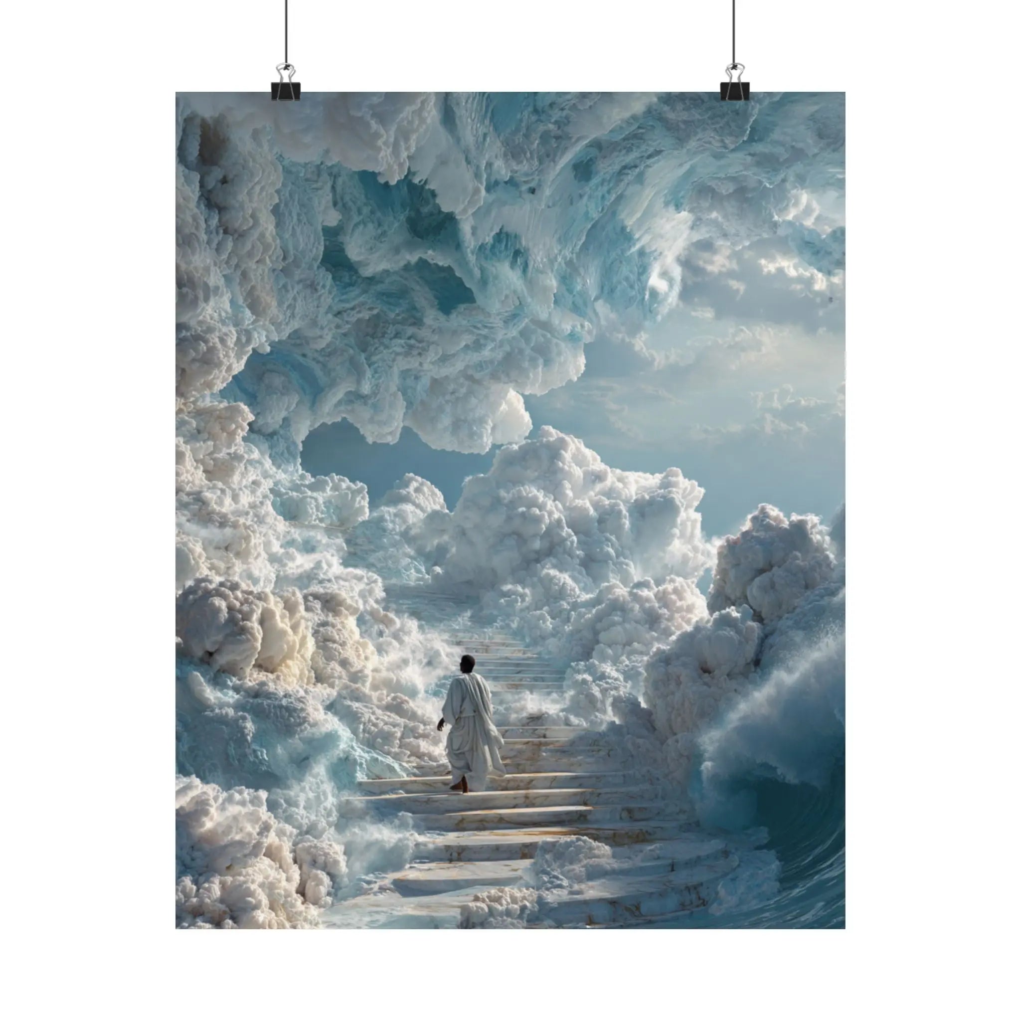 Heavenly Stairway Satin Poster — Ethereal Cloudscape Wall Art Printify