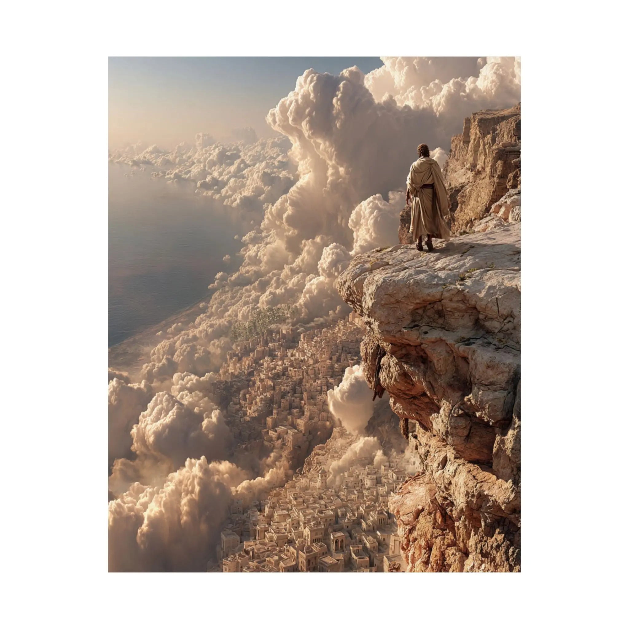 Satin Poster — Solitary Figure on Cliff Above Golden Clouds (210gsm) Printify
