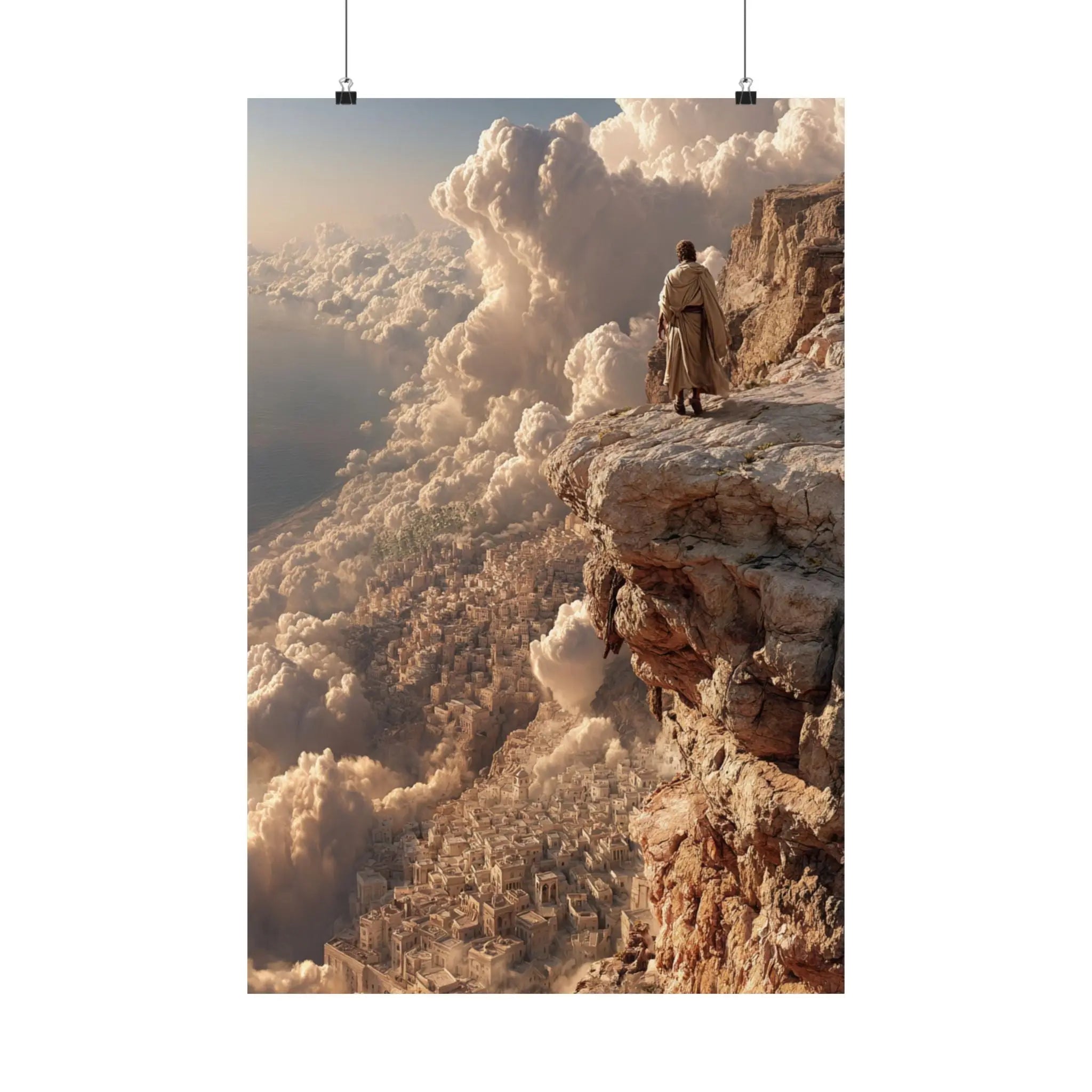 Satin Poster — Solitary Figure on Cliff Above Golden Clouds (210gsm) Printify