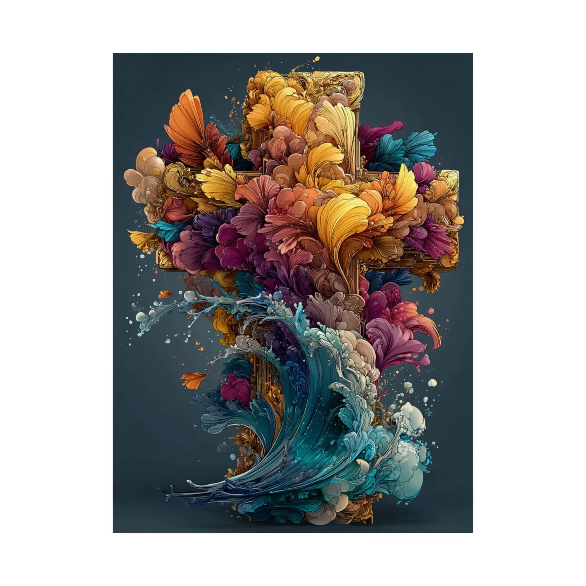 Abstract Floral Cross Satin Poster — Colorful Surreal Wall Art Print Printify