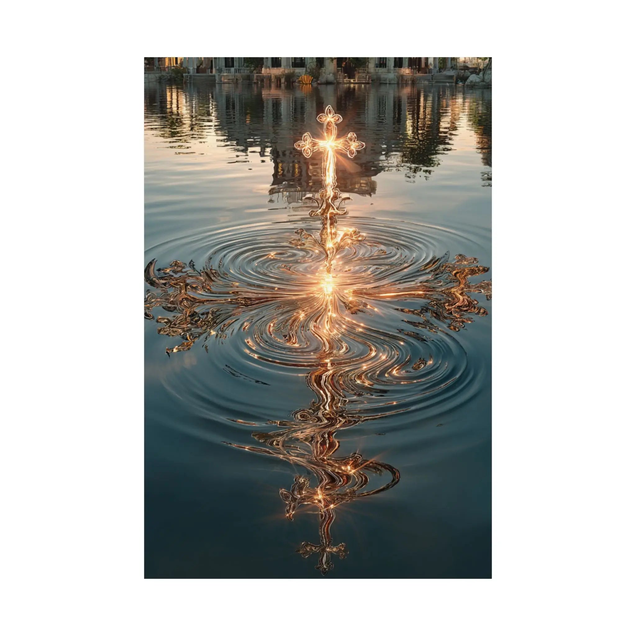 Satin Poster — Golden Cross Water Reflection Art Print Printify