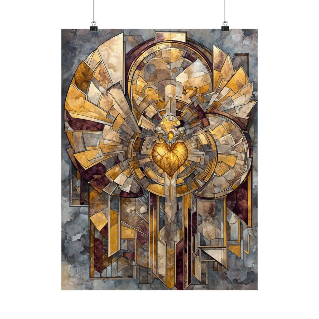 Satin Poster — Golden Sacred Heart Stained-Glass Art Print Printify