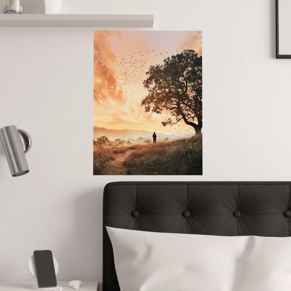 Sunset Solitude Satin Poster — Golden Sunset Tree Landscape Wall Art Printify
