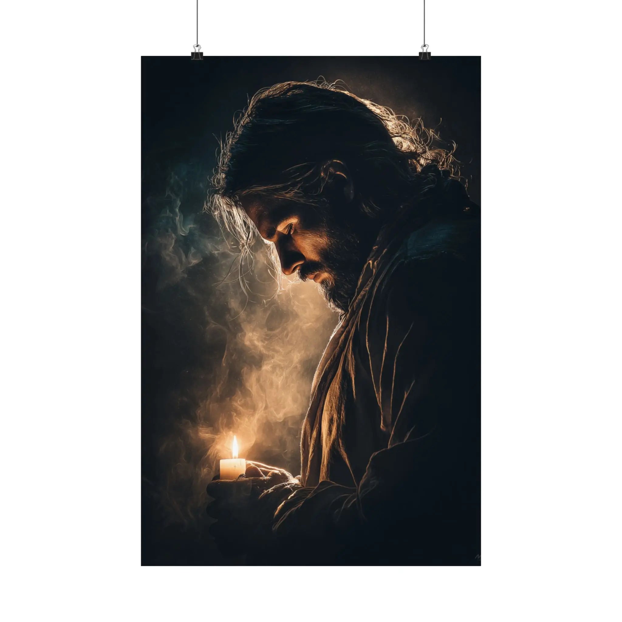 Religious Satin Poster — Jesus Holding Candle Wall Art Printify