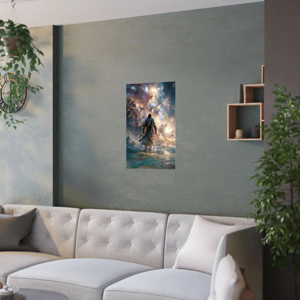 Religious Satin Poster — 'Walking on Water' Inspirational Wall Art Printify