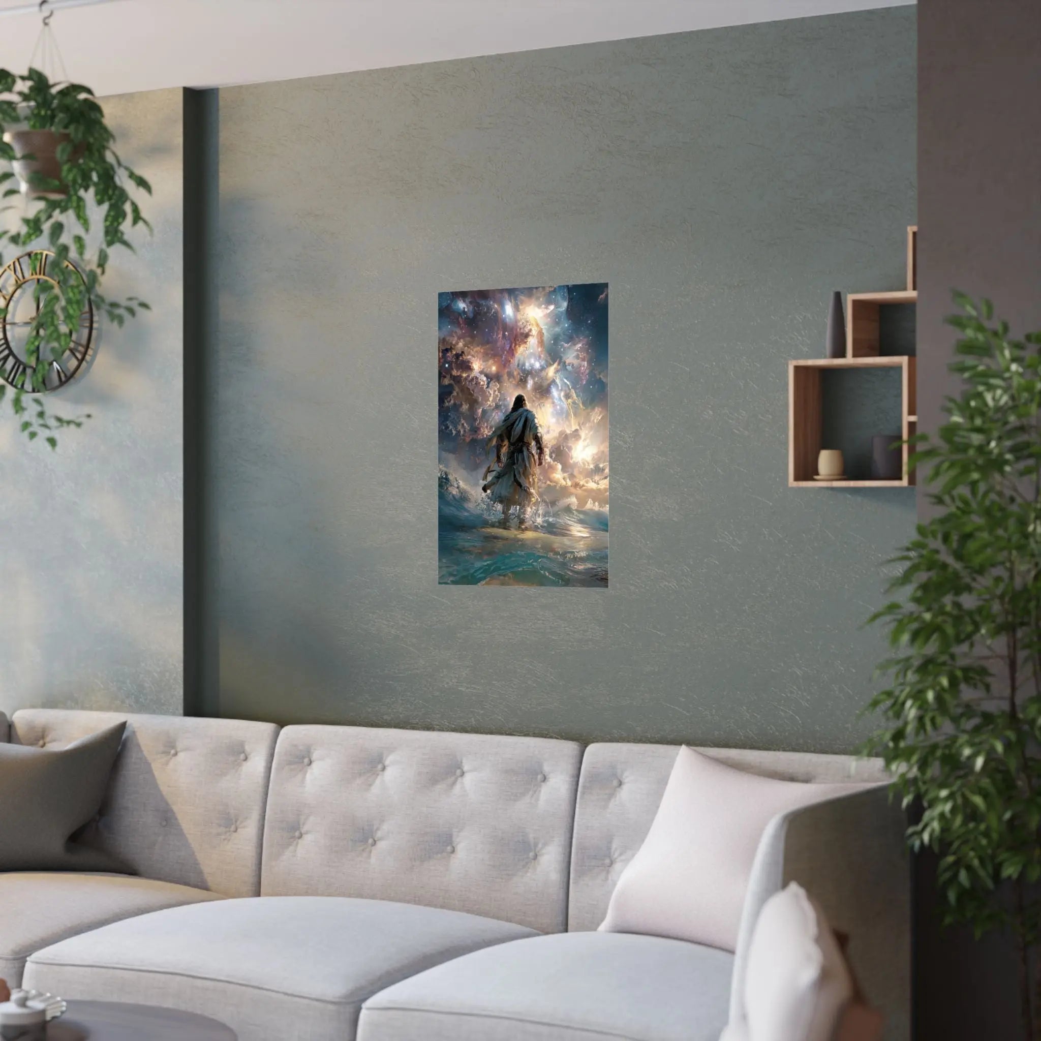Religious Satin Poster — 'Walking on Water' Inspirational Wall Art Printify