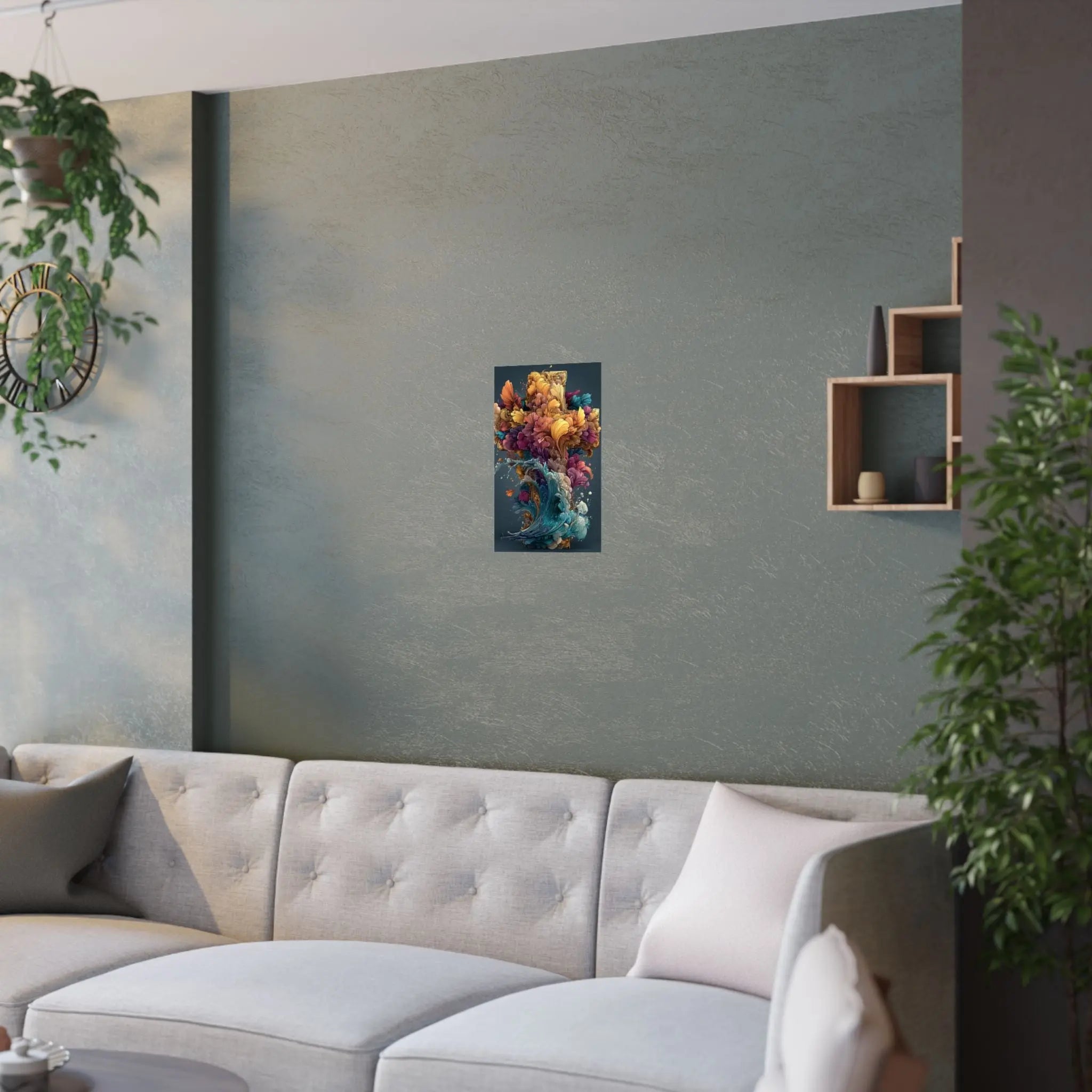 Abstract Floral Cross Satin Poster — Colorful Surreal Wall Art Print Printify