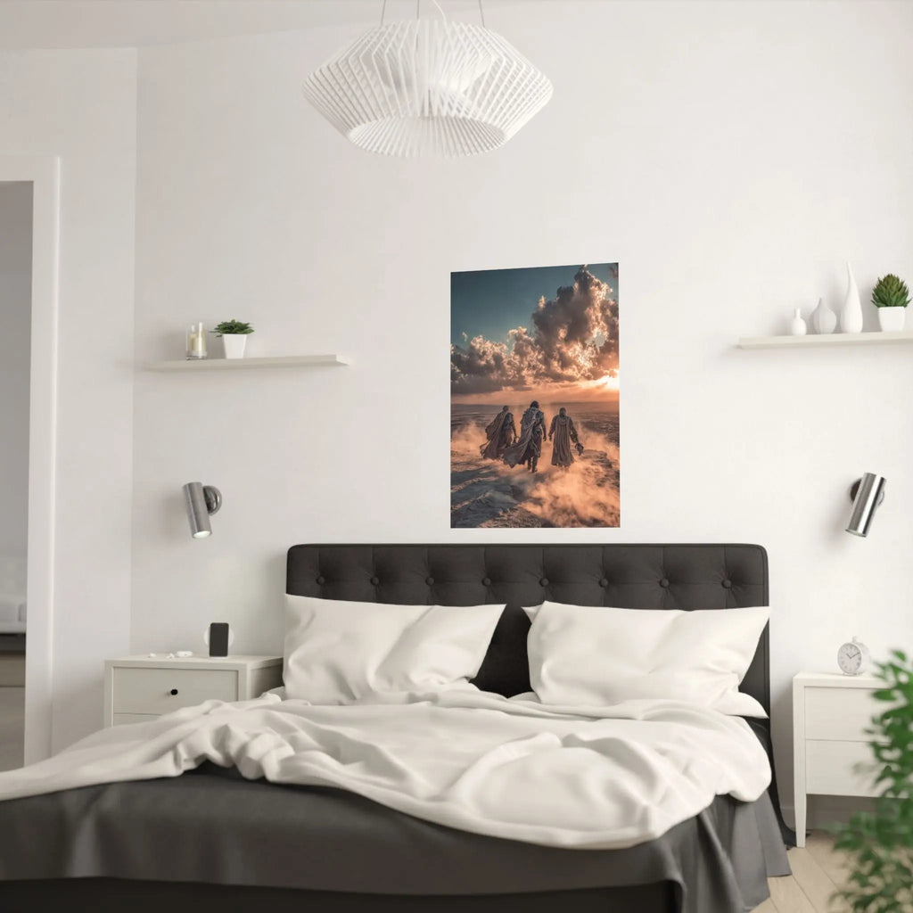 Desert Wanderers Satin Poster – Cinematic Sunset Adventure Wall Art Printify