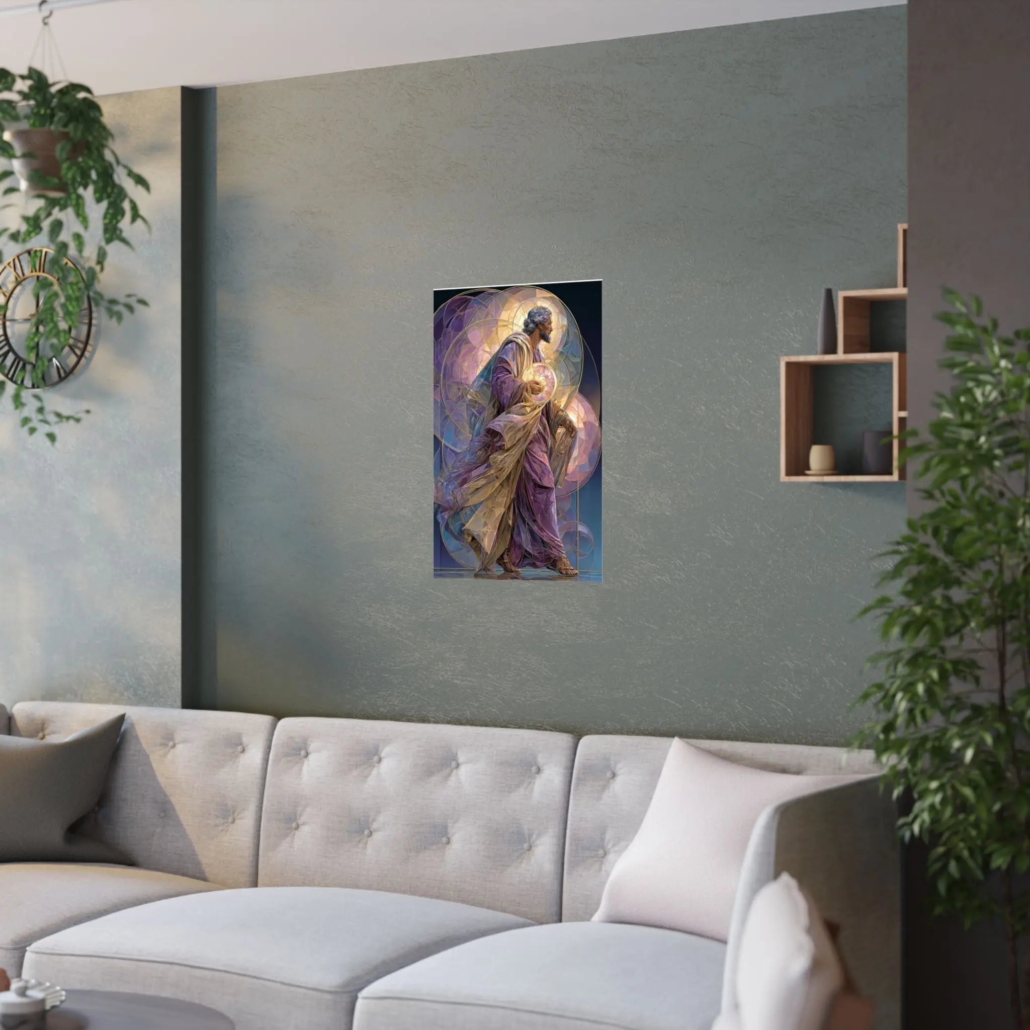 Religious Art Poster — Stained-Glass Saint Holding Orb Satin Print Printify