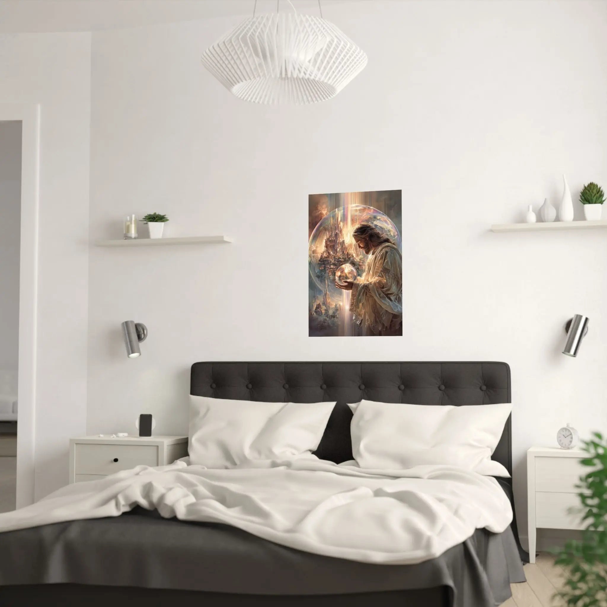 Satin Poster — Jesus The Spiritual Guardian Holding Lighted Globe (210gsm) Printify