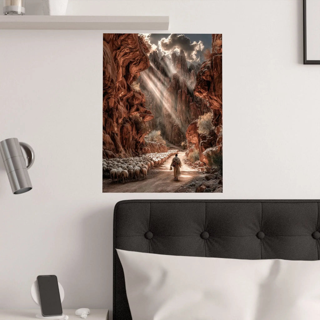 Satin Poster — Shepherd in Sunlit Canyon Art Print Printify