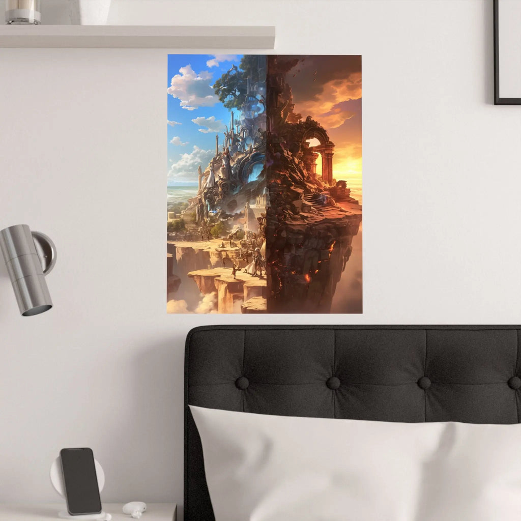 Fantasy Split-World Satin Poster (210gsm) — Day & Night Landscape Art Print Printify