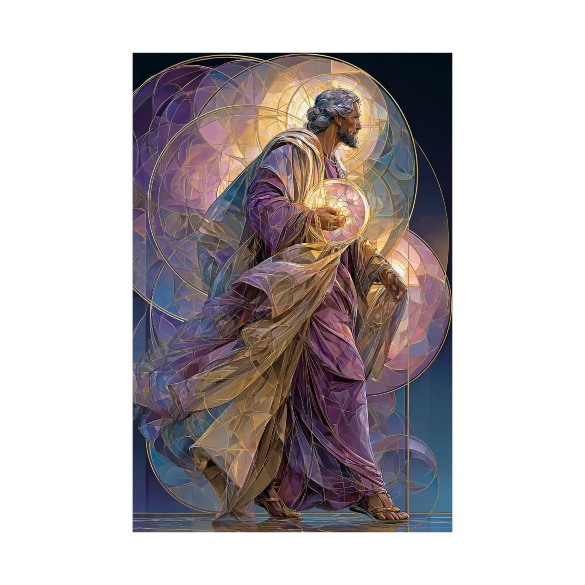Religious Art Poster — Stained-Glass Saint Holding Orb Satin Print Printify