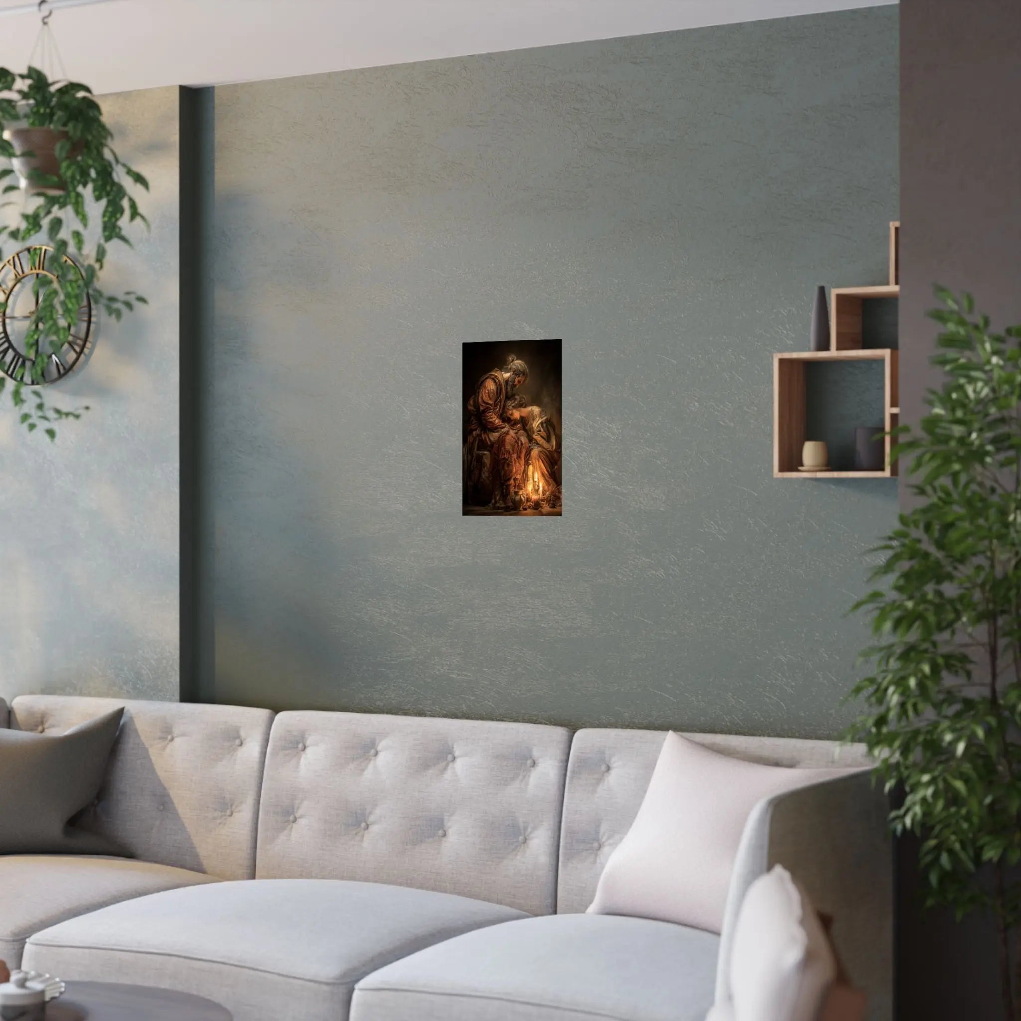 Satin Poster — Tender Candlelit Embrace Vintage Biblical Art Print Printify