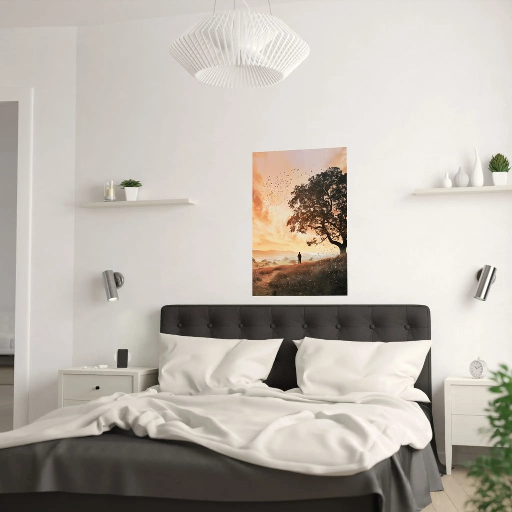Sunset Solitude Satin Poster — Golden Sunset Tree Landscape Wall Art Printify