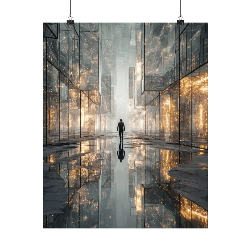 Futuristic Cityscape Satin Poster — Reflective Urban Night Art Print Printify